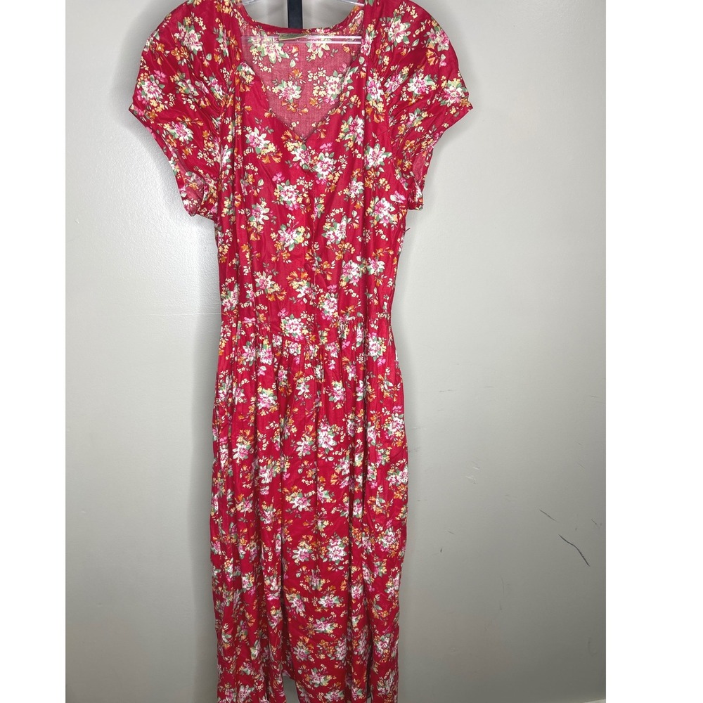 Vintage Laura Ashley MEDIUM Red Floral Tea Dress Made in Great Britain Cotton